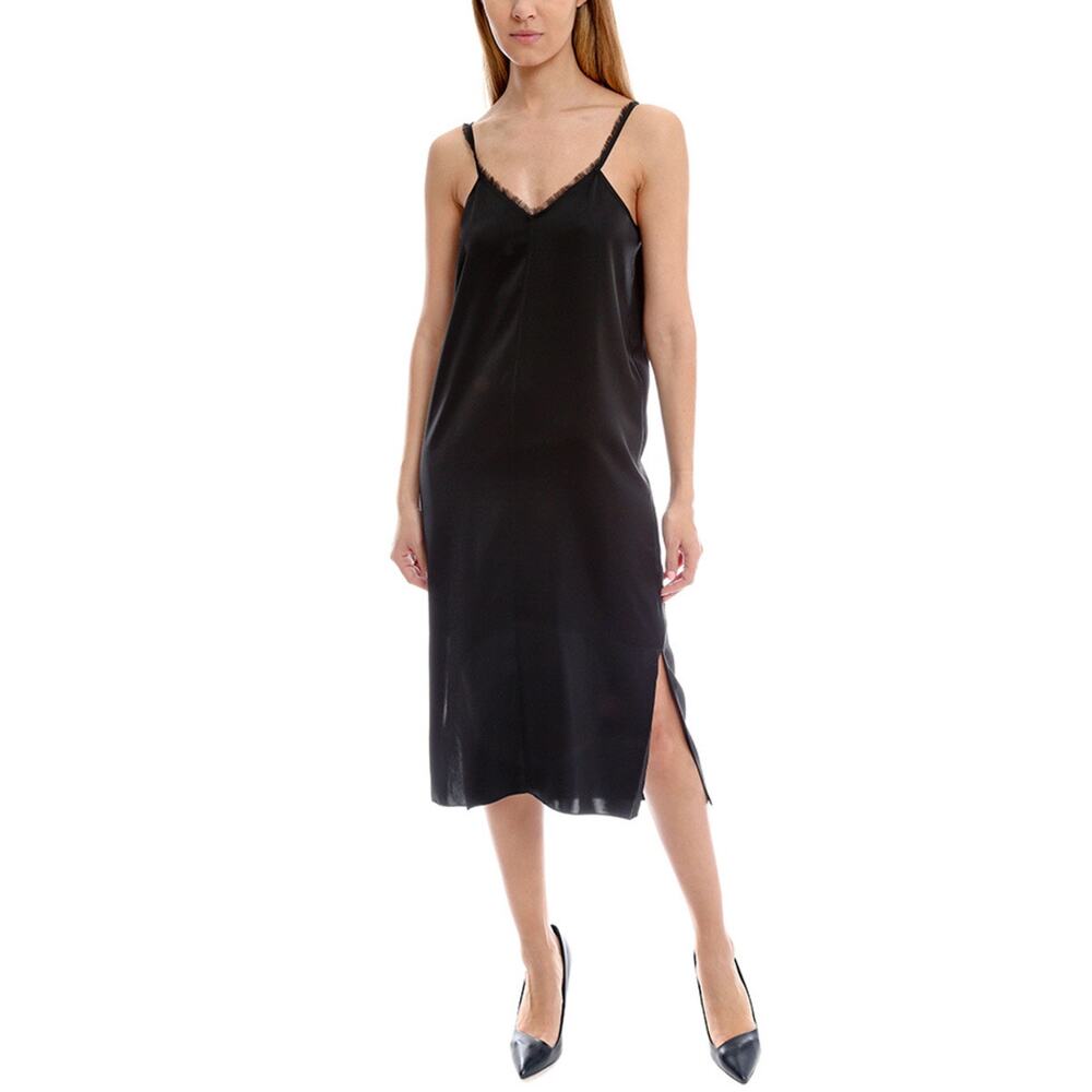 ATM Black Fringe Slip Midi Dress NWOT Size L Minimalist